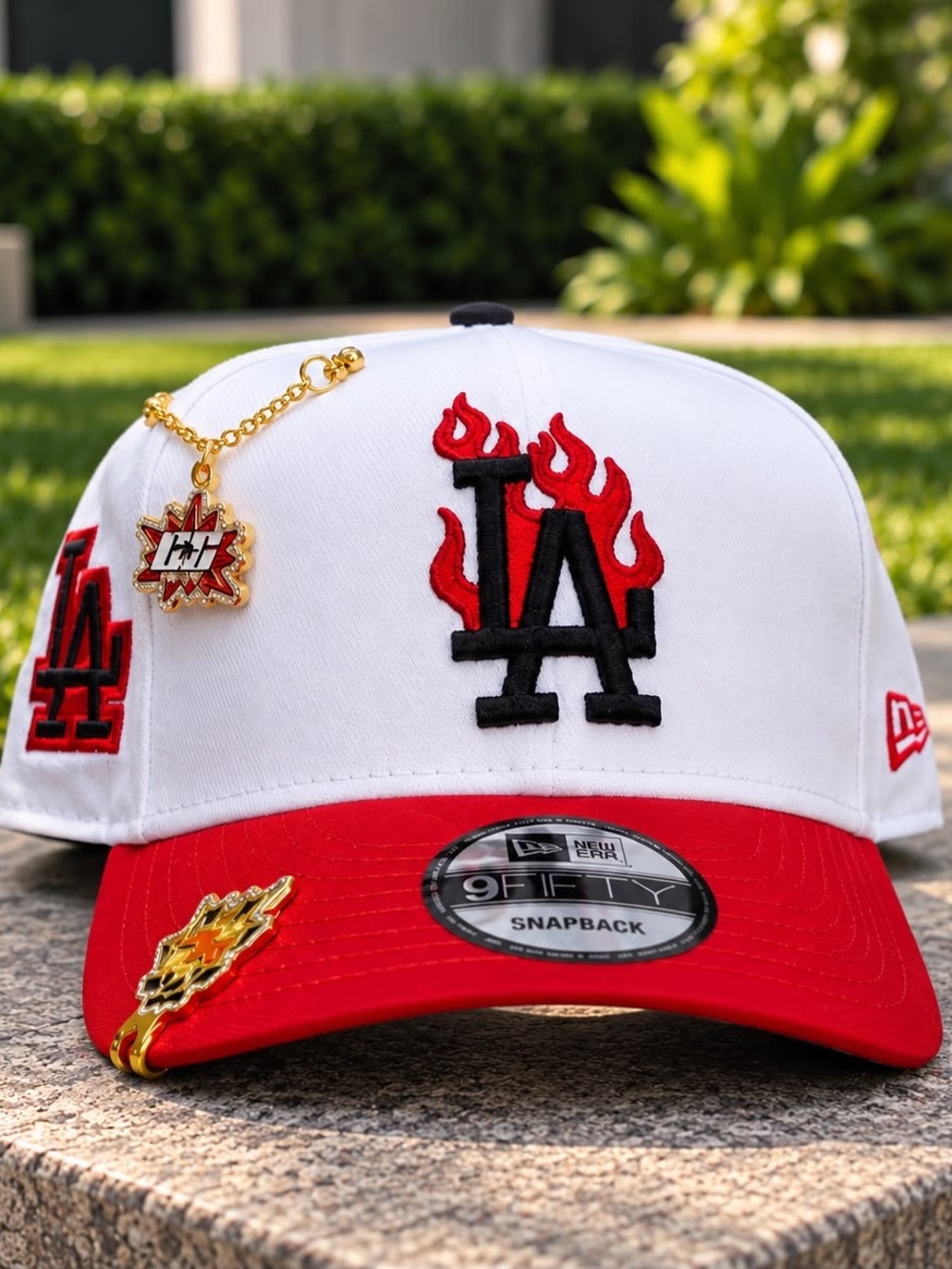New Era White & Red LA Flame Snapback with Gold Charms